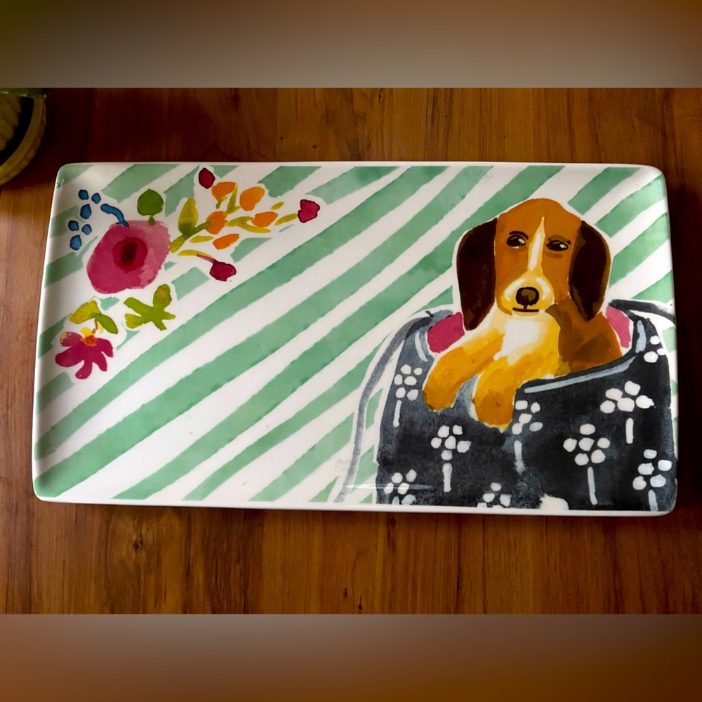 ‘Pier 1 Imports’ Dolomite Adorable Dog and Floral Design Serving Platter